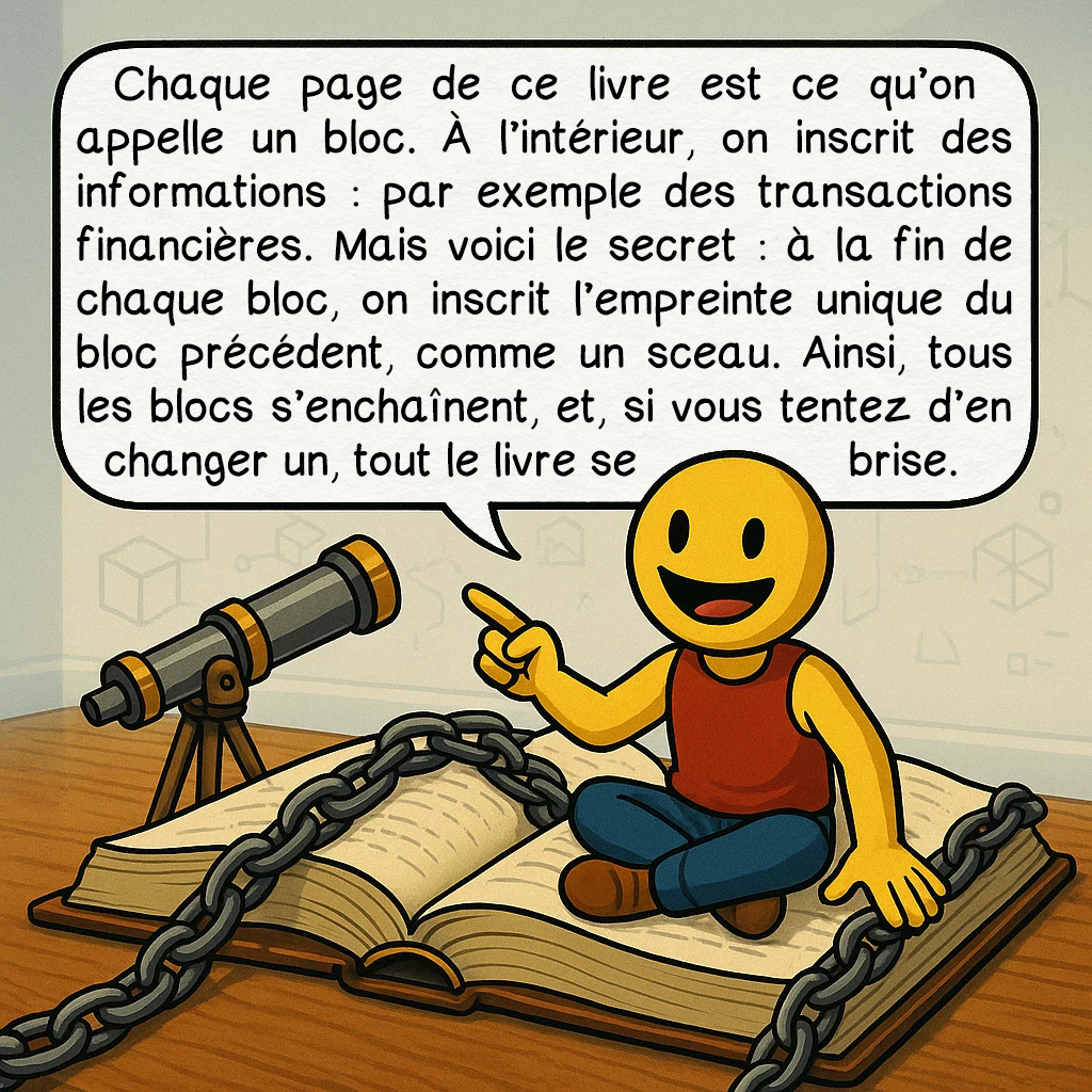 La blockchain, case 2 : Chaque page de ce livre est ce qu’on appelle un bloc. À l’intérieur, on inscrit des informations : par exemple des transactions financières. Mais voici le secret : à la fin de chaque bloc, on inscrit l’empreinte unique du bloc précédent, comme un sceau. Ainsi, tous les blocs s’enchaînent, et, si vous tentez d’en changer un, tout le livre se brise.