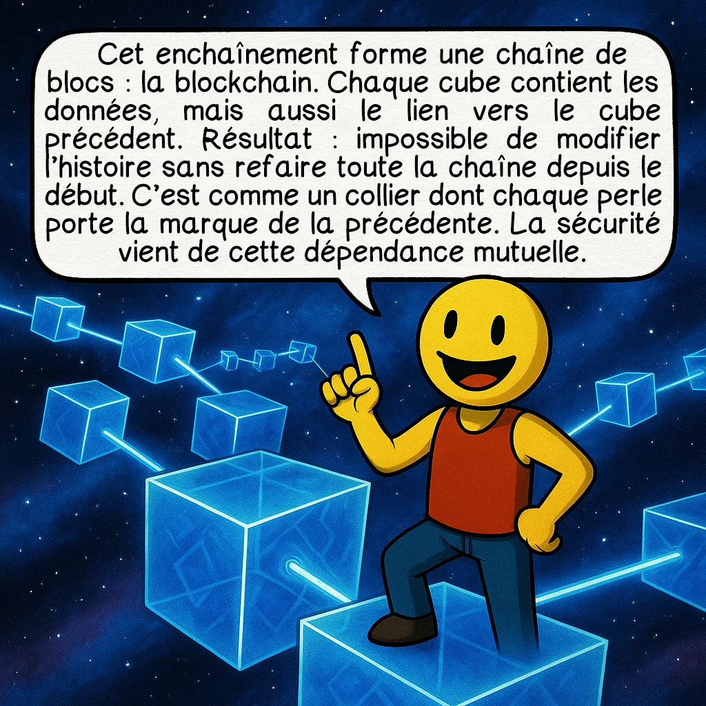 La blockchain, case 3 : Cet enchaînement forme une chaîne de blocs : la blockchain. Chaque cube contient les données, mais aussi le lien vers le cube précédent. Résultat : impossible de modifier l’histoire sans refaire toute la chaîne depuis le début. C’est comme un collier dont chaque perle porte la marque de la précédente. La sécurité vient de cette dépendance mutuelle.