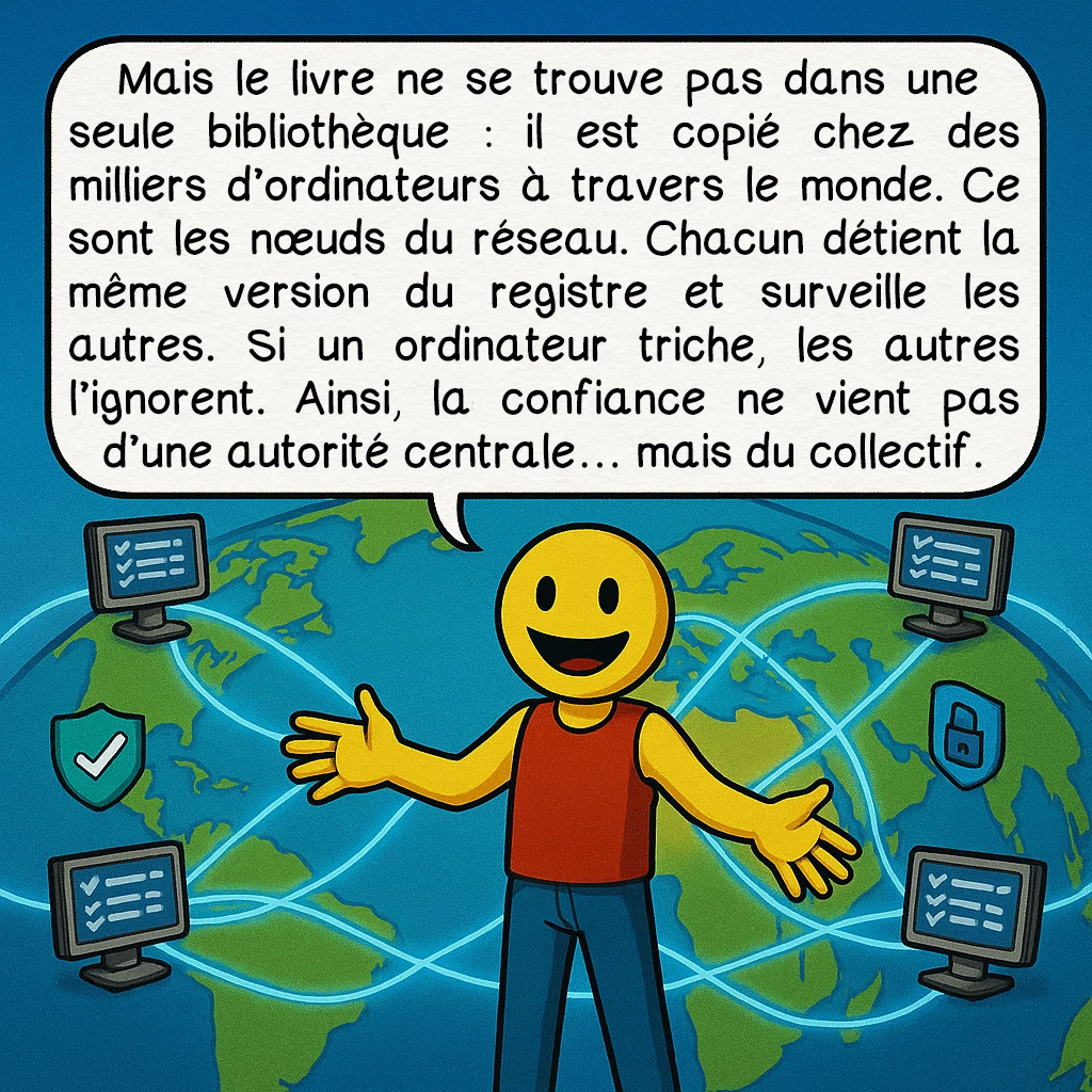La blockchain, case 4 : Mais le livre ne se trouve pas dans une seule bibliothèque : il est copié chez des milliers d’ordinateurs à travers le monde. Ce sont les nœuds du réseau. Chacun détient la même version du registre et surveille les autres. Si un ordinateur triche, les autres l’ignorent. Ainsi, la confiance ne vient pas d’une autorité centrale… mais du collectif.
