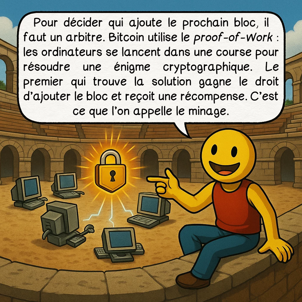 La blockchain, case 5 : Pour décider qui ajoute le prochain bloc, il faut un arbitre. Bitcoin utilise le Proof-of-Work : les ordinateurs se lancent dans une course pour résoudre une énigme cryptographique. Le premier qui trouve la solution gagne le droit d’ajouter le bloc et reçoit une récompense. C’est ce que l’on appelle le minage.