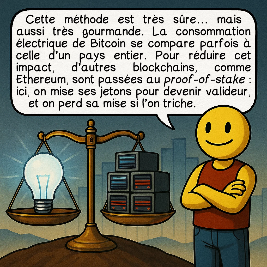 La blockchain, case 6 : Cette méthode est très sûre… mais aussi très gourmande. La consommation électrique de Bitcoin se compare parfois à celle d’un pays entier. Pour réduire cet impact, d’autres blockchains, comme Ethereum, sont passées au Proof-of-Stake : ici, on mise ses jetons pour devenir valideur, et on perd sa mise si l’on triche.