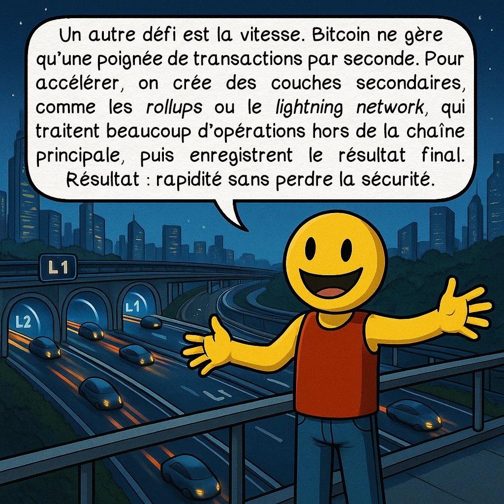 La blockchain, case 7 : Un autre défi est la vitesse. Bitcoin ne gère qu’une poignée de transactions par seconde. Pour accélérer, on crée des couches secondaires, comme les rollups ou le Lightning Network, qui traitent beaucoup d’opérations hors de la chaîne principale, puis enregistrent le résultat final. Résultat : rapidité sans perdre la sécurité.