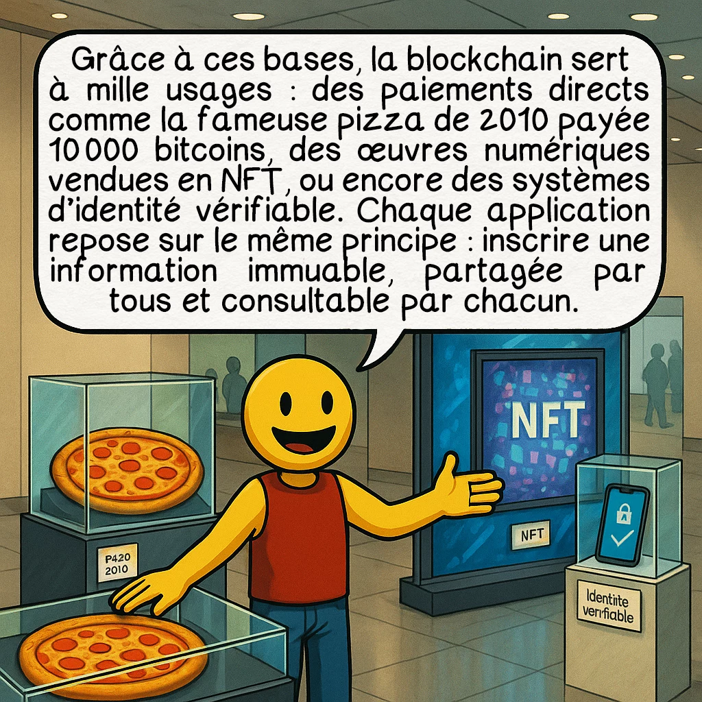 La blockchain, case 8 : Grâce à ces bases, la blockchain sert à mille usages : des paiements directs comme la fameuse pizza de 2010 payée 10 000 bitcoins, des œuvres numériques vendues en NFT, ou encore des systèmes d’identité vérifiable. Chaque application repose sur le même principe : inscrire une information immuable, partagée par tous et consultable par chacun.