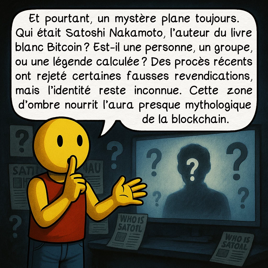La blockchain, case 9 : Et pourtant, un mystère plane toujours. Qui était Satoshi Nakamoto, l’auteur du livre blanc Bitcoin ? Est-il une personne, un groupe, ou une légende calculée ? Des procès récents ont rejeté certaines fausses revendications, mais l’identité reste inconnue. Cette zone d’ombre nourrit l’aura presque mythologique de la blockchain.
