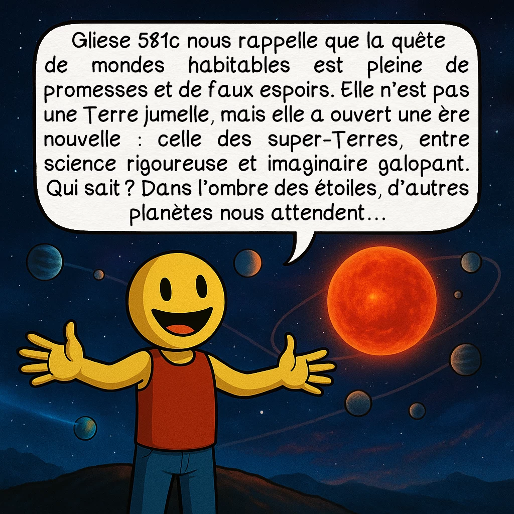 Gliese 581c, case 10 : Gliese 581c nous rappelle que la quête de mondes habitables est pleine de promesses et de faux espoirs. Elle n’est pas une Terre jumelle, mais elle a ouvert une ère nouvelle : celle des super-Terres, entre science rigoureuse et imaginaire galopant. Qui sait ? Dans l’ombre des étoiles, d’autres planètes nous attendent…