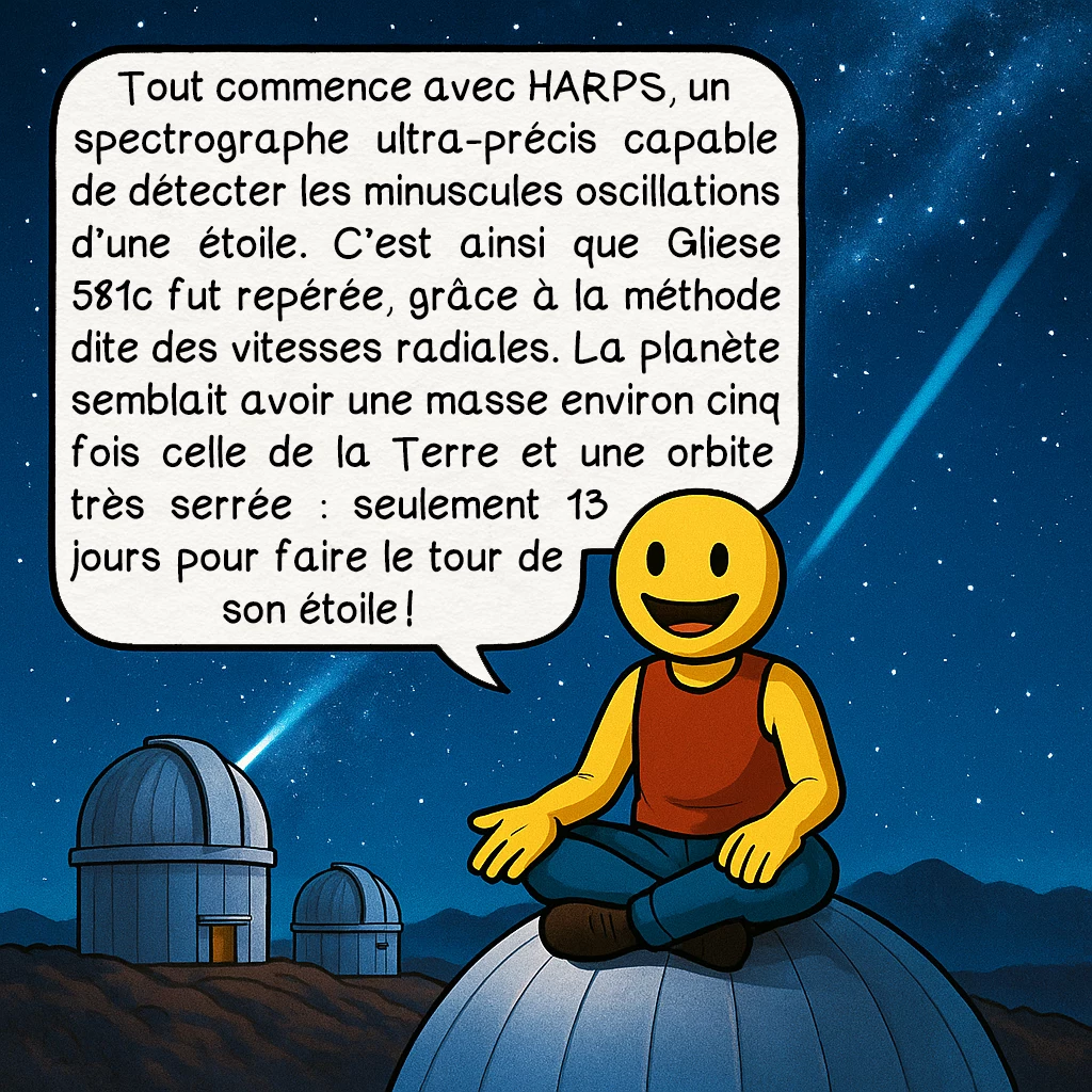 Gliese 581c, case 2 : Tout commence avec HARPS, un spectrographe ultra-précis capable de détecter les minuscules oscillations d’une étoile. C’est ainsi que Gliese 581c fut repérée, grâce à la méthode dite des vitesses radiales. La planète semblait avoir une masse environ cinq fois celle de la Terre et une orbite très serrée : seulement 13 jours pour faire le tour de son étoile !