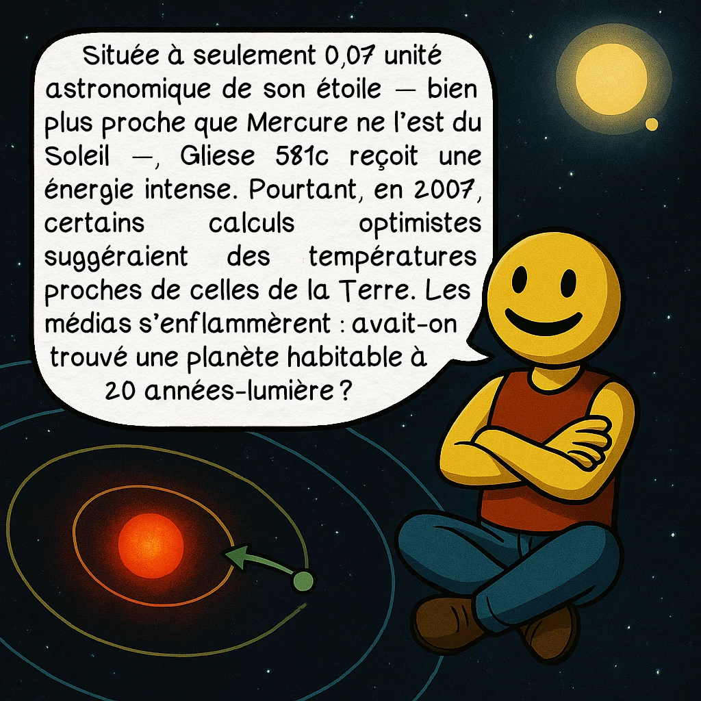 Gliese 581c, case 3 : Située à seulement 0,07 unité astronomique de son étoile — bien plus proche que Mercure ne l’est du Soleil —, Gliese 581c reçoit une énergie intense. Pourtant, en 2007, certains calculs optimistes suggéraient des températures proches de celles de la Terre. Les médias s’enflammèrent : avait-on trouvé une planète habitable à 20 années-lumière ?
