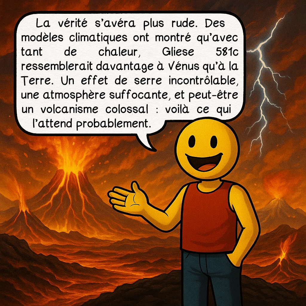 Gliese 581c, case 4 : La vérité s’avéra plus rude. Des modèles climatiques ont montré qu’avec tant de chaleur, Gliese 581c ressemblerait davantage à Vénus qu’à la Terre. Un effet de serre incontrôlable, une atmosphère suffocante, et peut-être un volcanisme colossal : voilà ce qui l’attend probablement.
