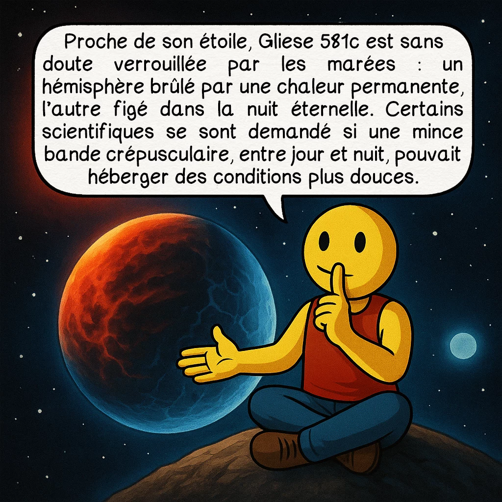 Gliese 581c, case 5 : Proche de son étoile, Gliese 581c est sans doute verrouillée par les marées : un hémisphère brûlé par une chaleur permanente, l’autre figé dans la nuit éternelle. Certains scientifiques se sont demandé si une mince bande crépusculaire, entre jour et nuit, pouvait héberger des conditions plus douces.