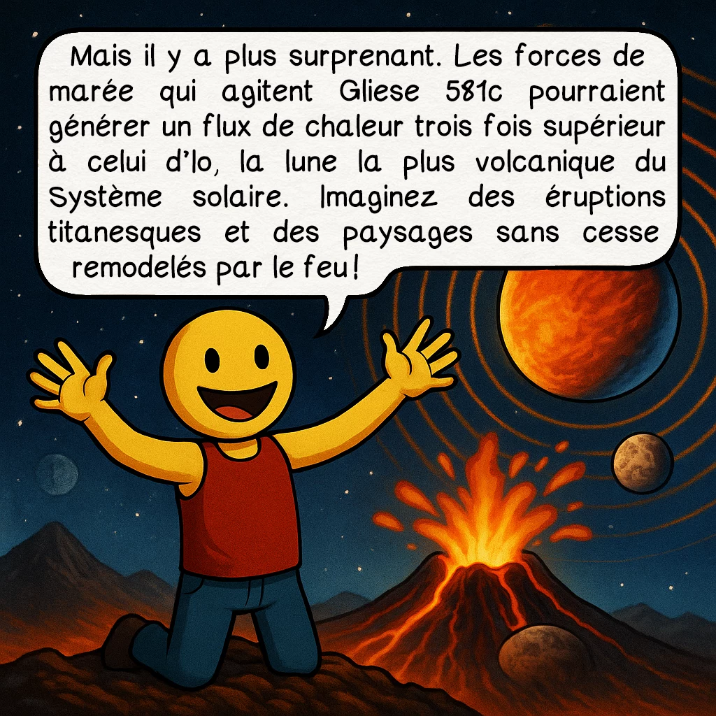 Gliese 581c, case 6 : Mais il y a plus surprenant. Les forces de marée qui agitent Gliese 581c pourraient générer un flux de chaleur trois fois supérieur à celui d’Io, la lune la plus volcanique du Système solaire. Imaginez des éruptions titanesques et des paysages sans cesse remodelés par le feu !