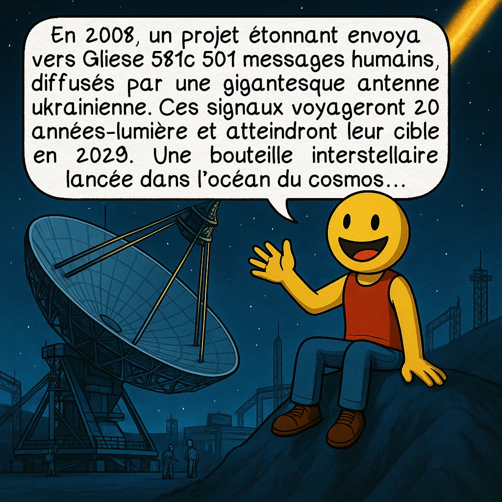 Gliese 581c, case 7 : En 2008, un projet étonnant envoya vers Gliese 581c 501 messages humains, diffusés par une gigantesque antenne ukrainienne. Ces signaux voyageront 20 années-lumière et atteindront leur cible en 2029. Une bouteille interstellaire lancée dans l’océan du cosmos…