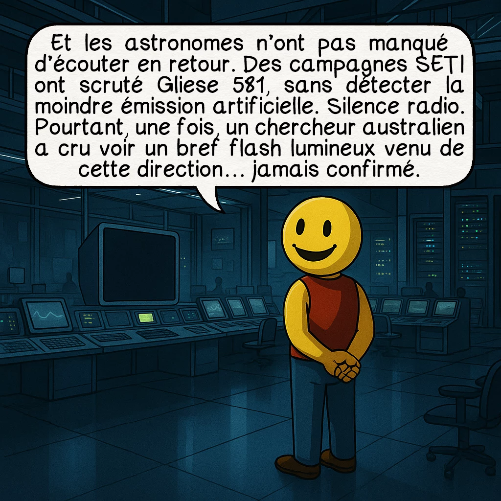 Gliese 581c, case 8 : Et les astronomes n’ont pas manqué d’écouter en retour. Des campagnes SETI ont scruté Gliese 581, sans détecter la moindre émission artificielle. Silence radio. Pourtant, une fois, un chercheur australien a cru voir un bref flash lumineux venu de cette direction… jamais confirmé.