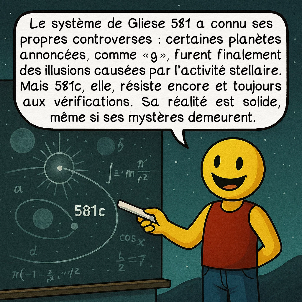 Gliese 581c, case 9 : Le système de Gliese 581 a connu ses propres controverses : certaines planètes annoncées, comme « g », furent finalement des illusions causées par l’activité stellaire. Mais 581c, elle, résiste encore et toujours aux vérifications. Sa réalité est solide, même si ses mystères demeurent.