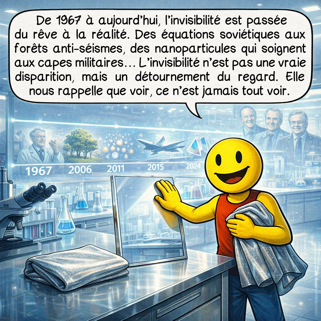 L’invisibilité, case 10 : De 1967 à aujourd’hui, l’invisibilité est passée du rêve à la réalité. Des équations soviétiques aux forêts anti-séismes, des nanoparticules qui soignent aux capes militaires… L’invisibilité n’est pas une vraie disparition, mais un détournement du regard. Elle nous rappelle que voir, ce n’est jamais tout voir.