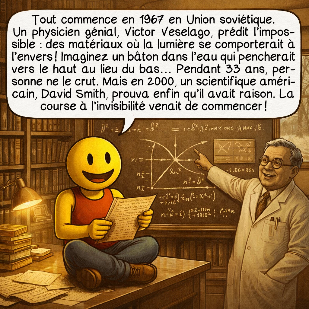 L’invisibilité, case 2 : Tout commence en 1967 en Union soviétique. Un physicien génial, Victor Veselago, prédit l’impossible : des matériaux où la lumière se comporterait à l’envers ! Imaginez un bâton dans l’eau qui pencherait vers le haut au lieu du bas… Pendant 33 ans, personne ne le crut. Mais en 2000, un scientifique américain, David Smith, prouva enfin qu’il avait raison. La course à l’invisibilité venait de commencer !