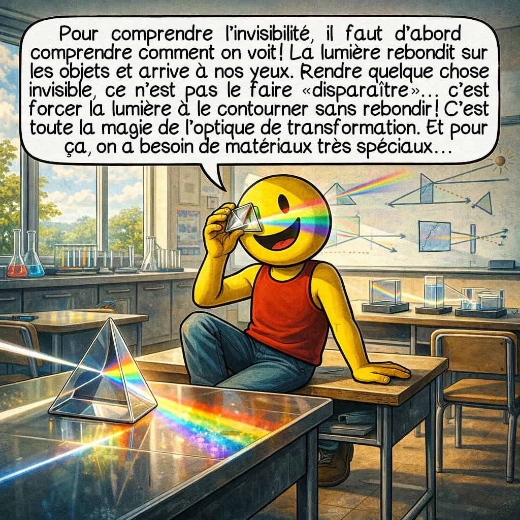 L’invisibilité, case 3 : Pour comprendre l’invisibilité, il faut d’abord comprendre comment on voit ! La lumière rebondit sur les objets et arrive à nos yeux. Rendre quelque chose invisible, ce n’est pas le faire « disparaître »… c’est forcer la lumière à le contourner sans rebondir ! C’est toute la magie de l’optique de transformation. Et pour ça, on a besoin de matériaux très spéciaux…
