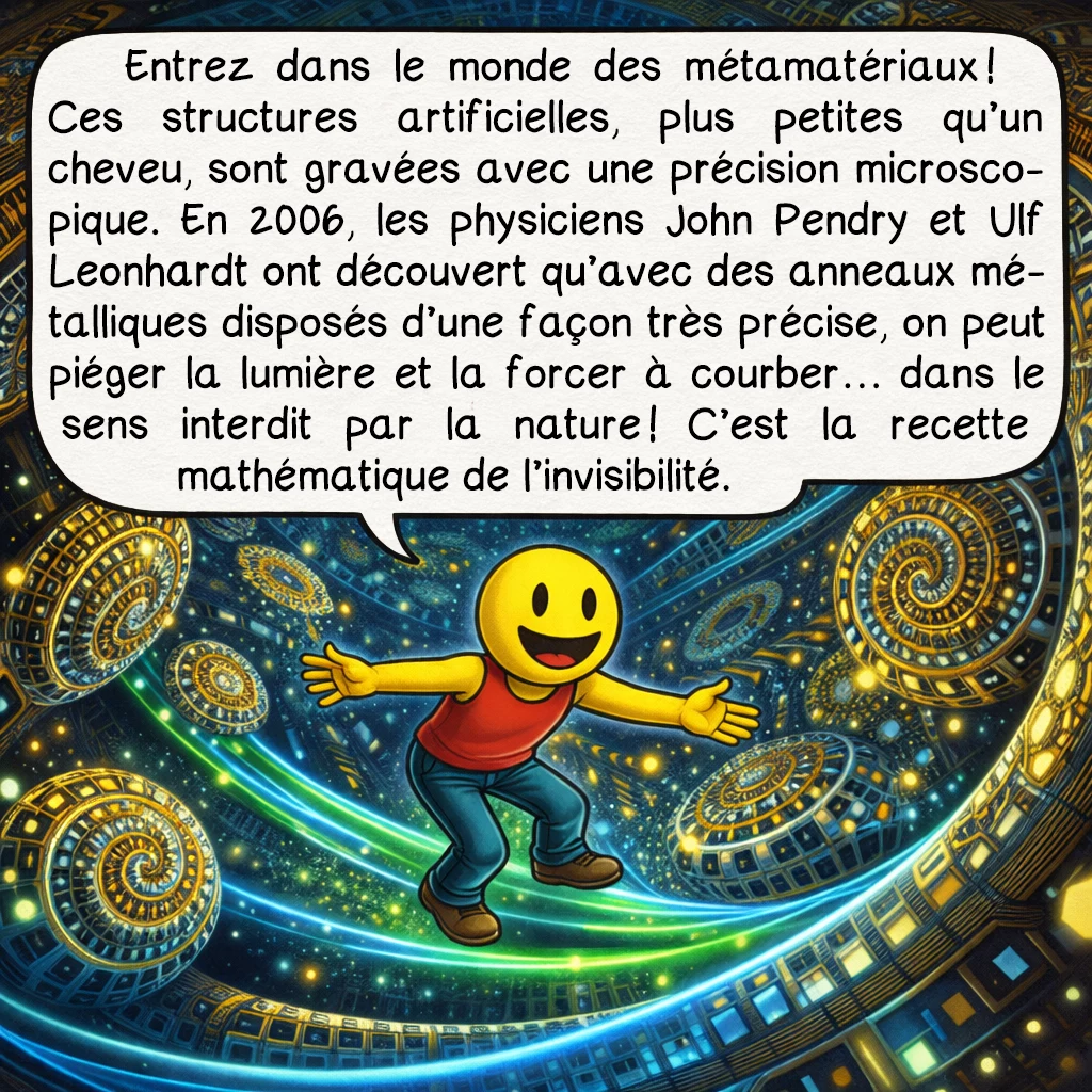 L’invisibilité, case 4 : Entrez dans le monde des métamatériaux ! Ces structures artificielles, plus petites qu’un cheveu, sont gravées avec une précision microscopique. En 2006, les physiciens John Pendry et Ulf Leonhardt ont découvert qu’avec des anneaux métalliques disposés d’une façon très précise, on peut piéger la lumière et la forcer à courber… dans le sens interdit par la nature ! C’est la recette mathématique de l’invisibilité.