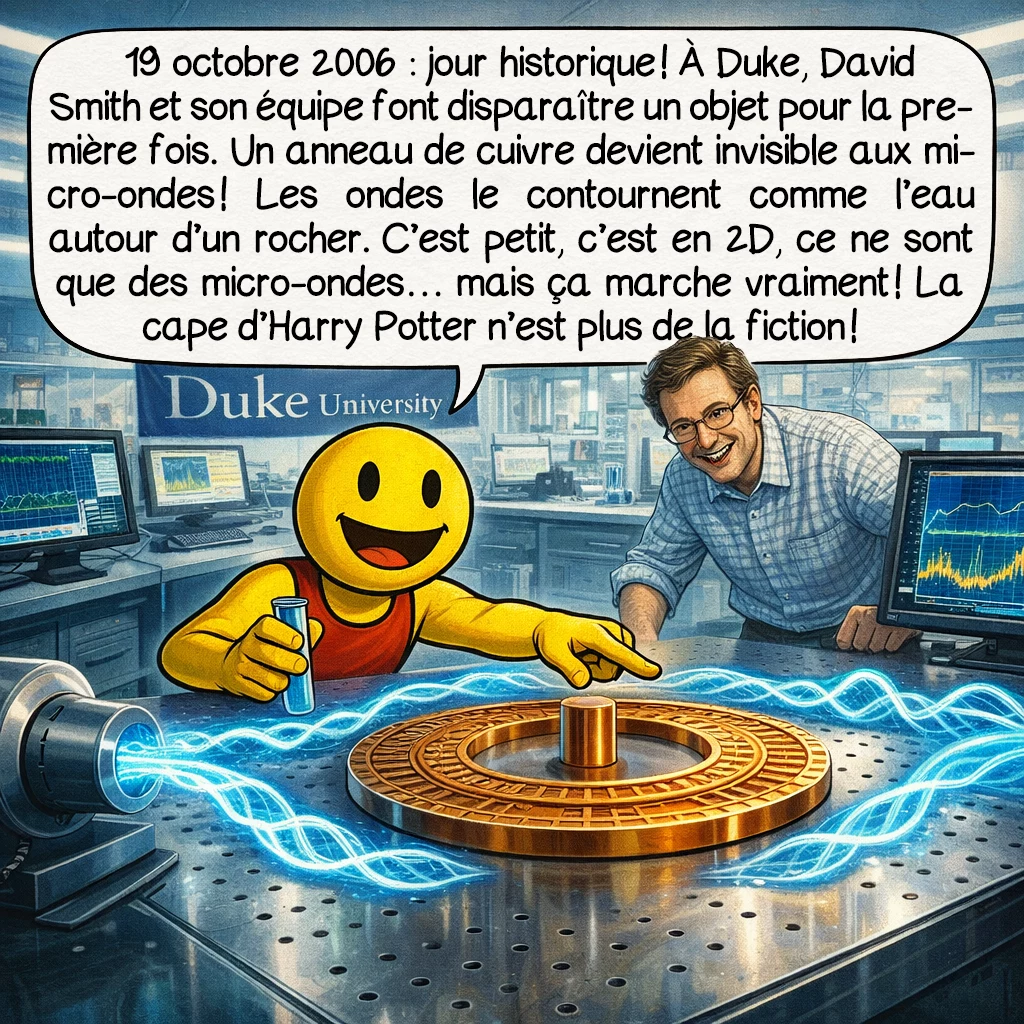 L’invisibilité, case 5 : 19 octobre 2006 : jour historique ! À Duke, David Smith et son équipe font disparaître un objet pour la première fois. Un anneau de cuivre devient invisible aux micro-ondes ! Les ondes le contournent comme l’eau autour d’un rocher. C’est petit, c’est en 2D, ce ne sont que des micro-ondes… mais ça marche vraiment ! La cape d’Harry Potter n’est plus de la fiction !