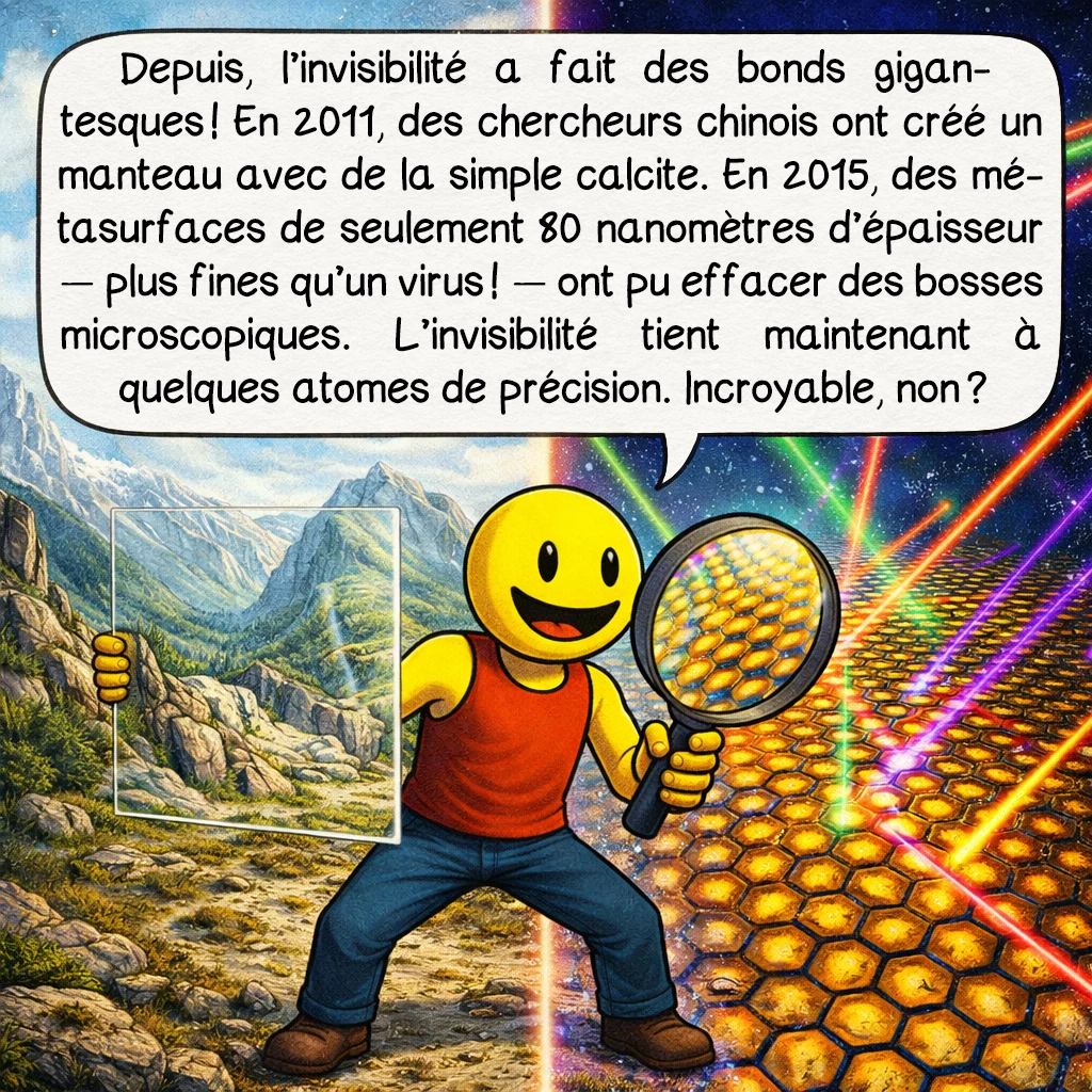 L’invisibilité, case 6 : Depuis, l’invisibilité a fait des bonds gigantesques ! En 2011, des chercheurs chinois ont créé un manteau avec de la simple calcite. En 2015, des métasurfaces de seulement 80 nanomètres d’épaisseur — plus fines qu’un virus ! — ont pu effacer des bosses microscopiques. L’invisibilité tient maintenant à quelques atomes de précision. Incroyable, non ?