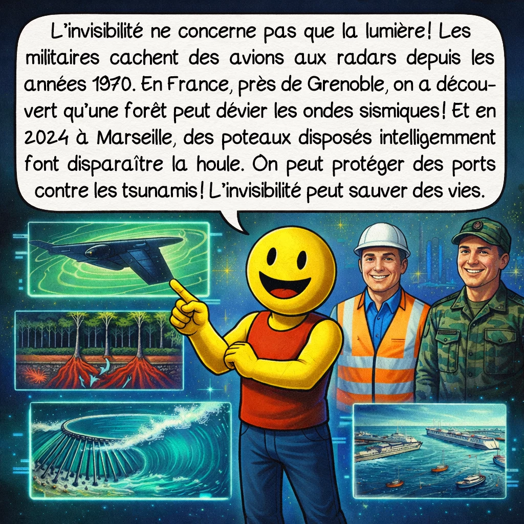 L’invisibilité, case 7 : L’invisibilité ne concerne pas que la lumière ! Les militaires cachent des avions aux radars depuis les années 1970. En France, près de Grenoble, on a découvert qu’une forêt peut dévier les ondes sismiques ! Et en 2024 à Marseille, des poteaux disposés intelligemment font disparaître la houle. On peut protéger des ports contre les tsunamis ! L’invisibilité peut sauver des vies.