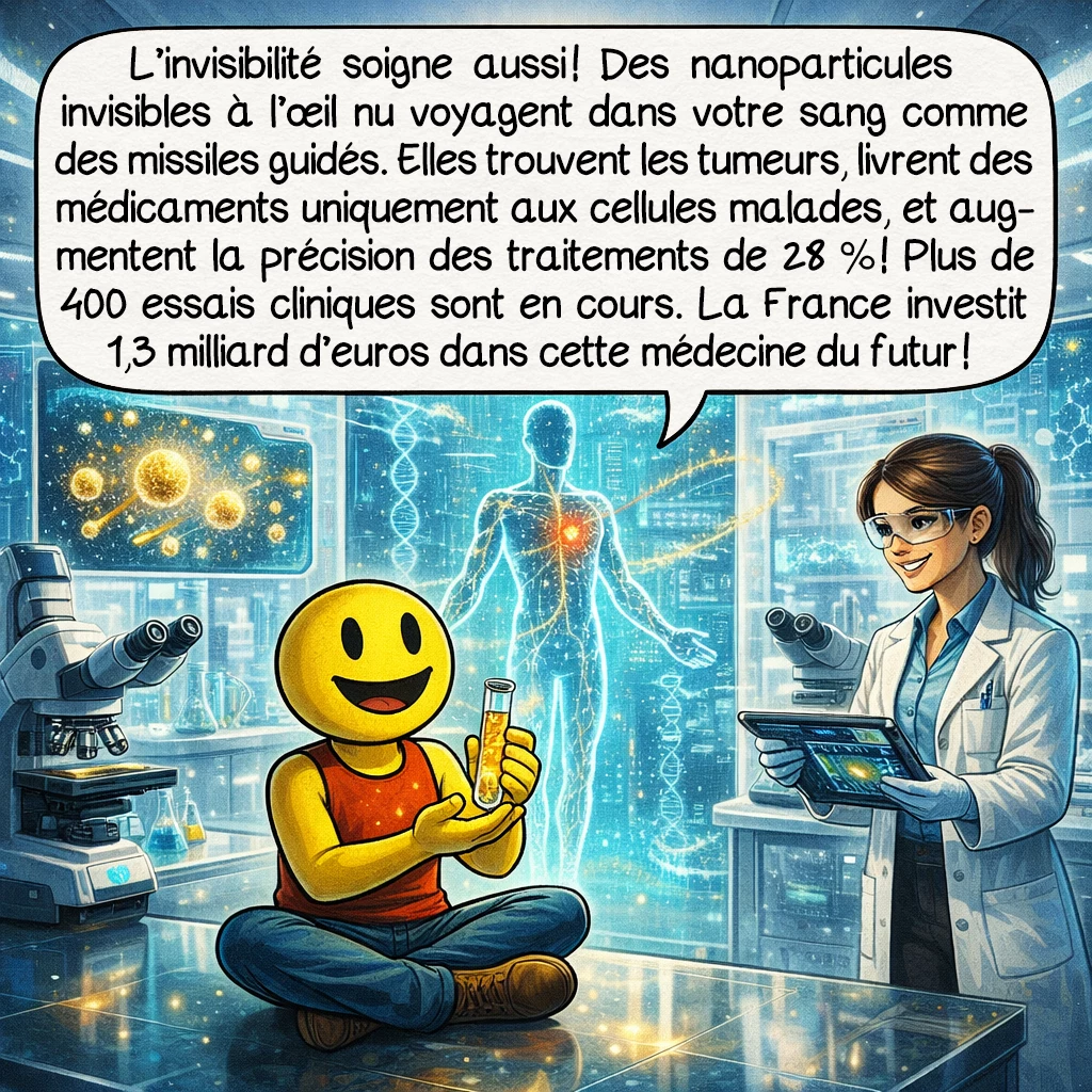 L’invisibilité, case 8 : L’invisibilité soigne aussi ! Des nanoparticules invisibles à l’œil nu voyagent dans votre sang comme des missiles guidés. Elles trouvent les tumeurs, livrent des médicaments uniquement aux cellules malades, et augmentent la précision des traitements de 28 % ! Plus de 400 essais cliniques sont en cours. La France investit 1,3 milliard d’euros dans cette médecine du futur !