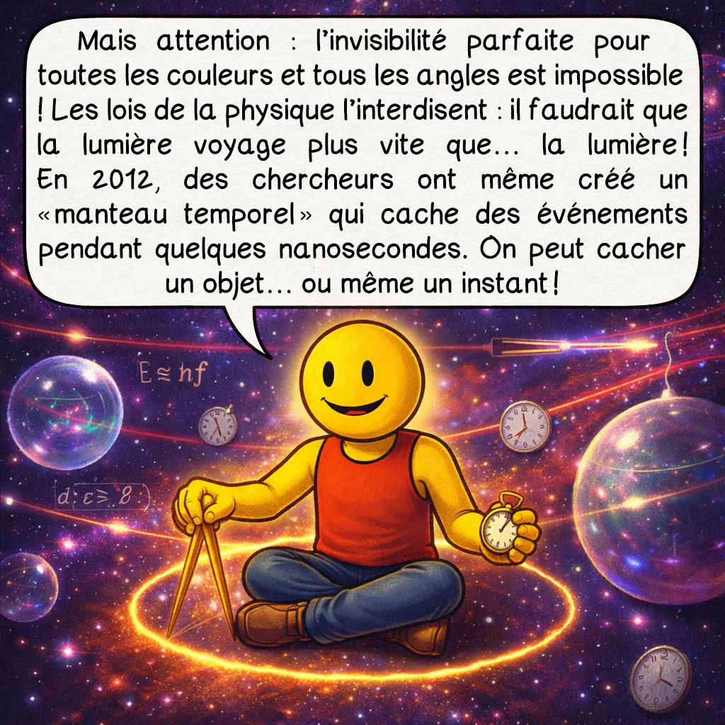 L’invisibilité, case 9 : Mais attention : l’invisibilité parfaite pour toutes les couleurs et tous les angles est impossible ! Les lois de la physique l’interdisent : il faudrait que la lumière voyage plus vite que… la lumière ! En 2012, des chercheurs ont même créé un « manteau temporel » qui cache des événements pendant quelques nanosecondes. On peut cacher un objet… ou même un instant !