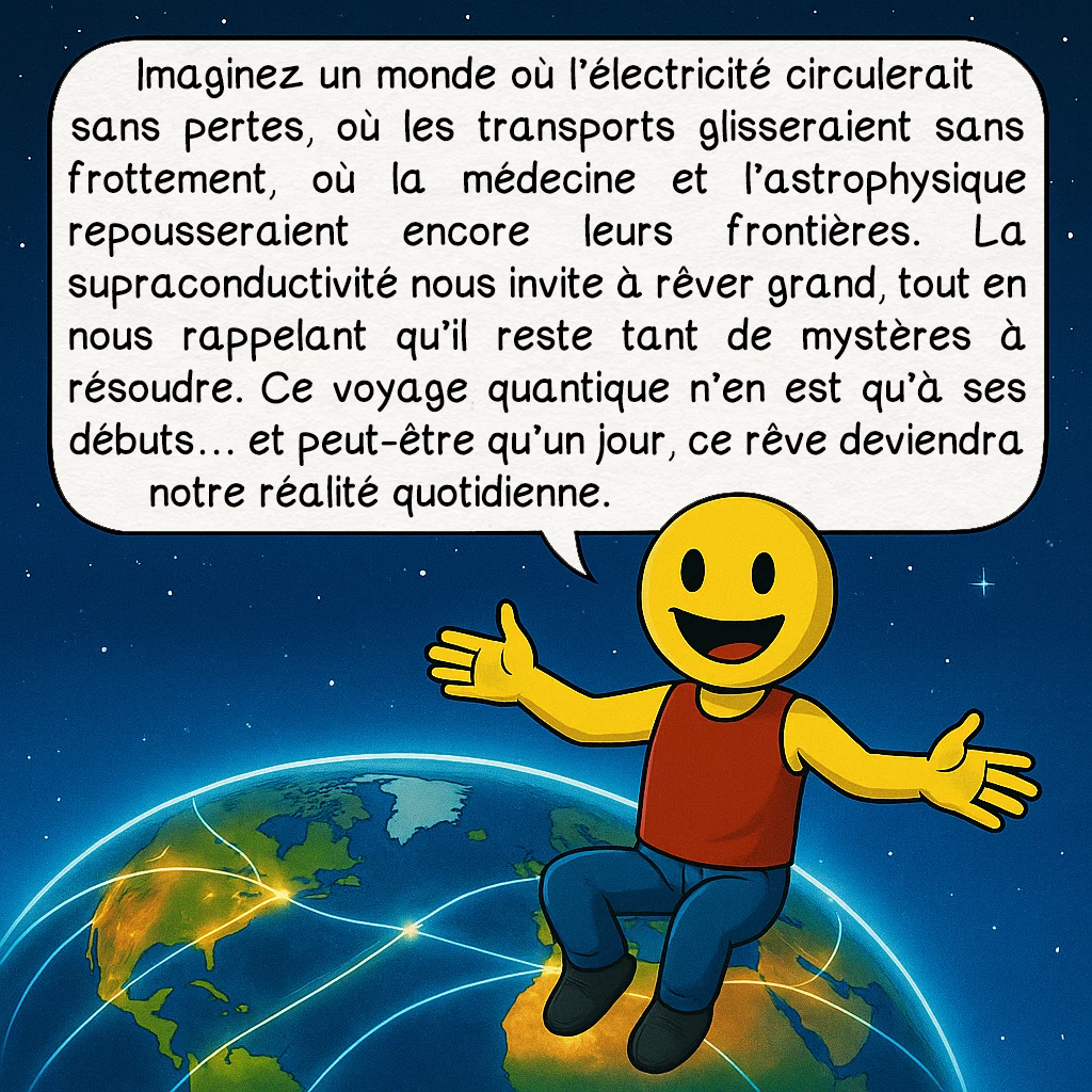 La supraconductivité, case 10 : Imaginez un monde où l’électricité circulerait sans pertes, où les transports glisseraient sans frottement, où la médecine et l’astrophysique repousseraient encore leurs frontières. La supraconductivité nous invite à rêver grand, tout en nous rappelant qu’il reste tant de mystères à résoudre. Ce voyage quantique n’en est qu’à ses débuts… et peut-être qu’un jour, ce rêve deviendra notre réalité quotidienne.
