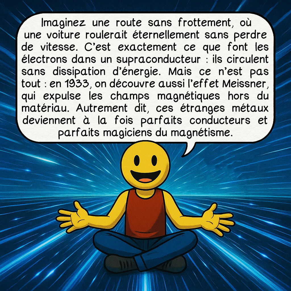 La supraconductivité, case 2 : Imaginez une route sans frottement, où une voiture roulerait éternellement sans perdre de vitesse. C’est exactement ce que font les électrons dans un supraconducteur : ils circulent sans dissipation d’énergie. Mais ce n’est pas tout : en 1933, on découvre aussi l’effet Meissner, qui expulse les champs magnétiques hors du matériau. Autrement dit, ces étranges métaux deviennent à la fois parfaits conducteurs et parfaits magiciens du magnétisme.