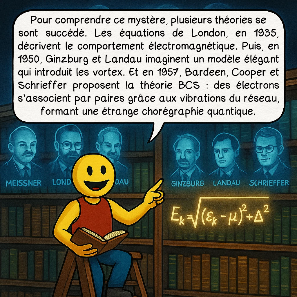 La supraconductivité, case 3 : Pour comprendre ce mystère, plusieurs théories se sont succédé. Les équations de London, en 1935, décrivent le comportement électromagnétique. Puis en 1950, Ginzburg et Landau imaginent un modèle élégant qui introduit les vortex. Et en 1957, Bardeen, Cooper et Schrieffer proposent la théorie BCS : des électrons s’associent par paires grâce aux vibrations du réseau, formant une étrange chorégraphie quantique.