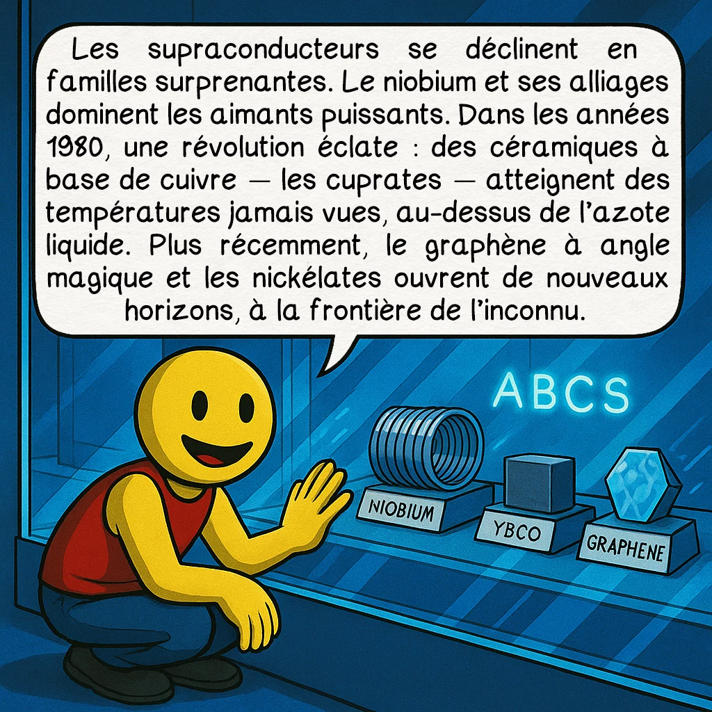 La supraconductivité, case 4 : Les supraconducteurs se déclinent en familles surprenantes. Le niobium et ses alliages dominent les aimants puissants. Dans les années 1980, une révolution éclate : des céramiques à base de cuivre — les cuprates — atteignent des températures jamais vues, au-dessus de l’azote liquide. Plus récemment, le graphène à angle magique et les nickélates ouvrent de nouveaux horizons, à la frontière de l’inconnu.