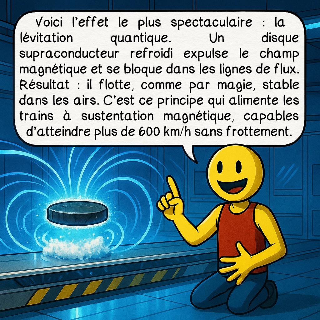 La supraconductivité, case 5 : Voici l’effet le plus spectaculaire : la lévitation quantique. Un disque supraconducteur refroidi expulse le champ magnétique et se bloque dans les lignes de flux. Résultat : il flotte comme par magie, stable dans les airs. C’est ce principe qui alimente les trains à sustentation magnétique, capables d’atteindre plus de 600 km/h sans frottement.