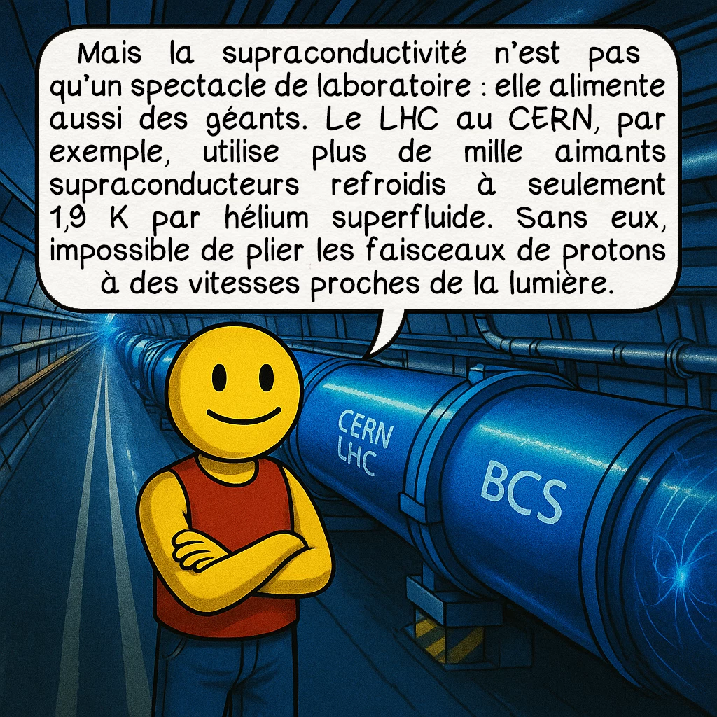 La supraconductivité, case 6 : Mais la supraconductivité n’est pas qu’un spectacle de laboratoire : elle alimente aussi des géants. Le LHC au CERN, par exemple, utilise plus de mille aimants supraconducteurs refroidis à seulement 1,9 K par hélium superfluide. Sans eux, impossible de plier les faisceaux de protons à des vitesses proches de la lumière.