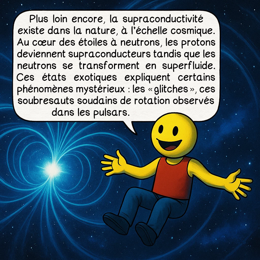 La supraconductivité, case 7 : Plus loin encore, la supraconductivité existe dans la nature, à l’échelle cosmique. Au cœur des étoiles à neutrons, les protons deviennent supraconducteurs tandis que les neutrons se transforment en superfluide. Ces états exotiques expliquent certains phénomènes mystérieux : les “glitches”, ces soubresauts soudains de rotation observés dans les pulsars.