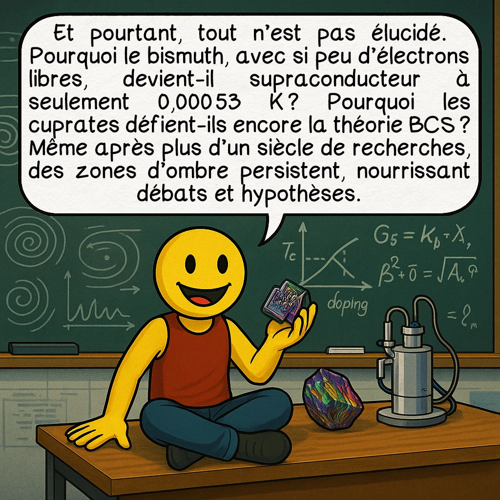 La supraconductivité, case 8 : Et pourtant, tout n’est pas élucidé. Pourquoi le bismuth, avec si peu d’électrons libres, devient-il supraconducteur à seulement 0,00053 K ? Pourquoi les cuprates défient-ils encore la théorie BCS ? Même après plus d’un siècle de recherches, des zones d’ombre persistent, nourrissant débats et hypothèses.