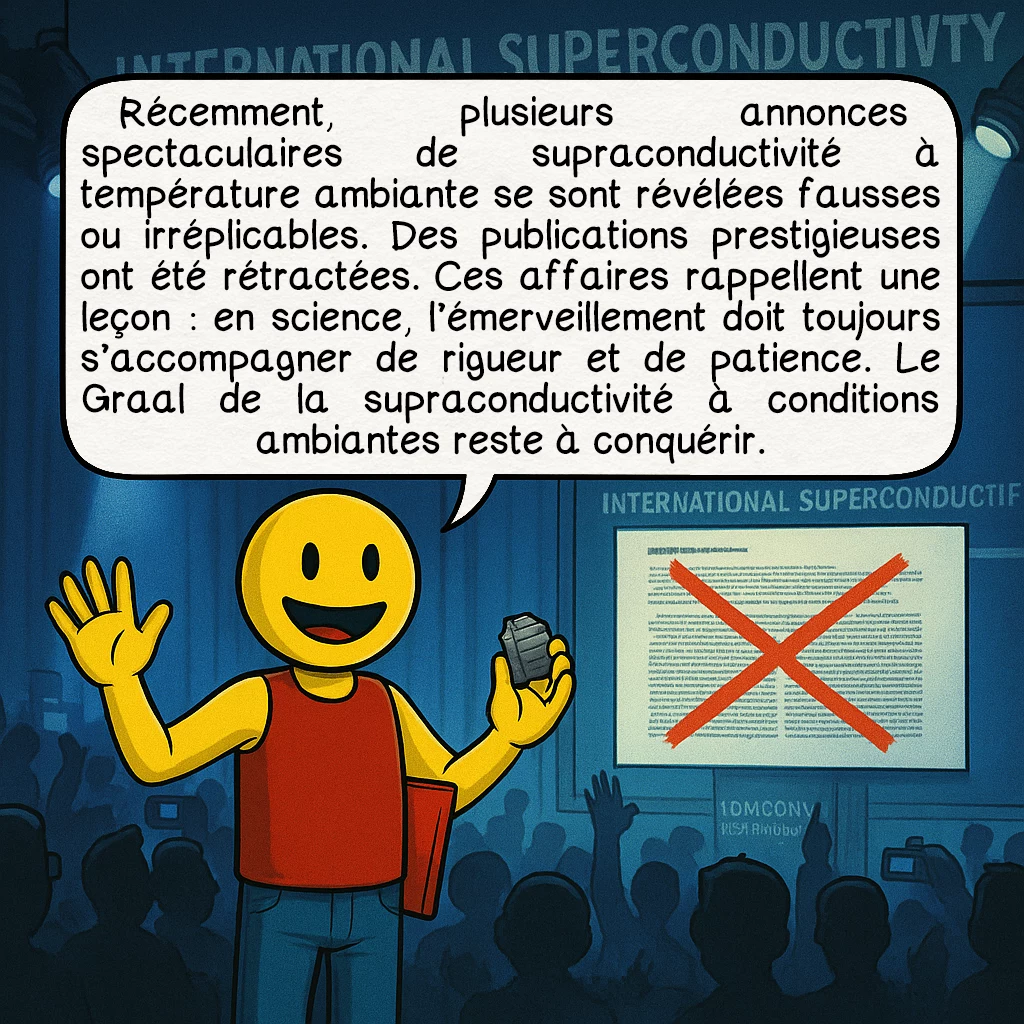 La supraconductivité, case 9 : Récemment, plusieurs annonces spectaculaires de supraconductivité à température ambiante se sont révélées fausses ou irréplicables. Des publications prestigieuses ont été rétractées. Ces affaires rappellent une leçon : en science, l’émerveillement doit toujours s’accompagner de rigueur et de patience. Le Graal de la supraconductivité à conditions ambiantes reste à conquérir.