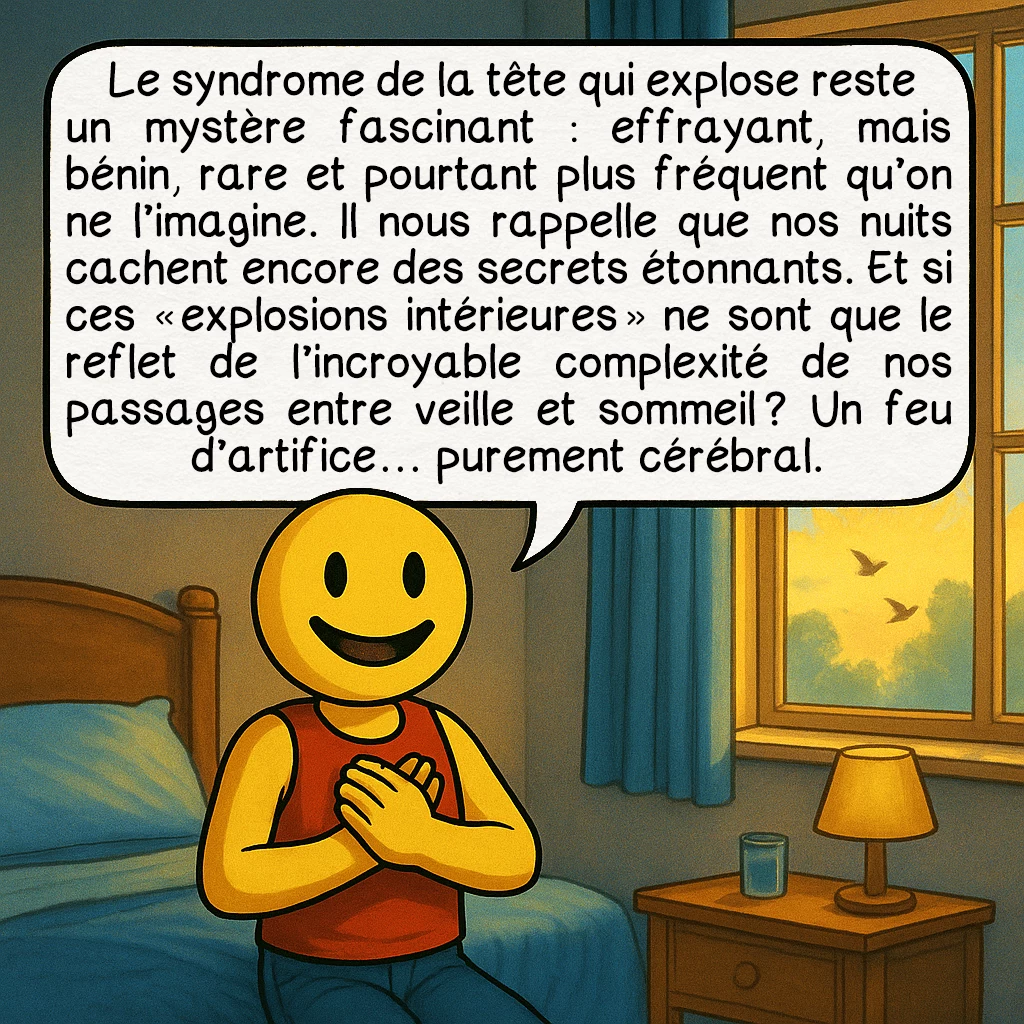 Le syndrome de la tête qui explose, case 10 : Le syndrome de la tête qui explose reste un mystère fascinant : effrayant, mais bénin, rare et pourtant plus fréquent qu’on ne l’imagine. Il nous rappelle que nos nuits cachent encore des secrets étonnants. Et si ces « explosions intérieures » ne sont que le reflet de l’incroyable complexité de nos passages entre veille et sommeil ? Un feu d’artifice… purement cérébral.