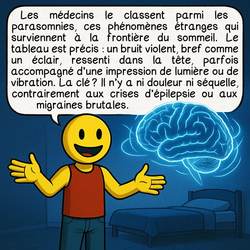 Le syndrome de la tête qui explose, case 2 : Les médecins le classent parmi les parasomnies, ces phénomènes étranges qui surviennent à la frontière du sommeil. Le tableau est précis : un bruit violent, bref comme un éclair, ressenti dans la tête, parfois accompagné d’une impression de lumière ou de vibration. La clé ? Il n’y a ni douleur ni séquelle, contrairement aux crises d’épilepsie ou aux migraines brutales.