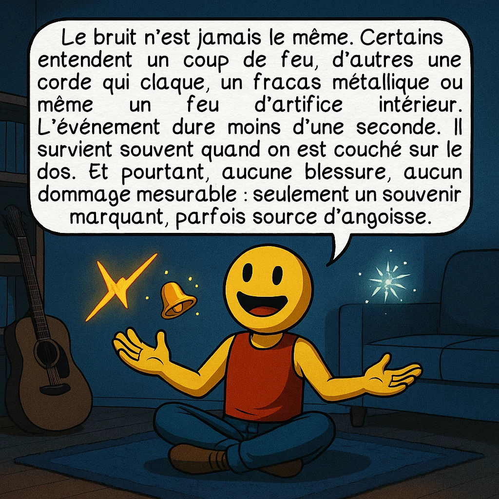 Le syndrome de la tête qui explose, case 4 : Le bruit n’est jamais le même. Certains entendent un coup de feu, d’autres une corde qui claque, un fracas métallique ou même un feu d’artifice intérieur. L’événement dure moins d’une seconde. Il survient souvent quand on est couché sur le dos. Et pourtant, aucune blessure, aucun dommage mesurable : seulement un souvenir marquant, parfois source d’angoisse.