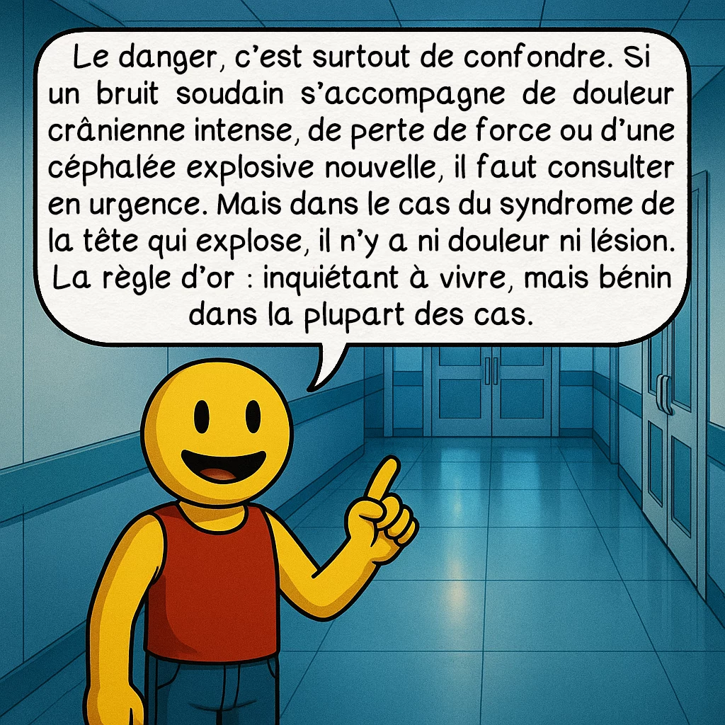 Le syndrome de la tête qui explose, case 5 : Le danger, c’est surtout de confondre. Si un bruit soudain s’accompagne de douleur crânienne intense, de perte de force ou d’une céphalée explosive nouvelle, il faut consulter en urgence. Mais dans le cas du syndrome de la tête qui explose, il n’y a ni douleur ni lésion. La règle d’or : inquiétant à vivre, mais bénin dans la plupart des cas.