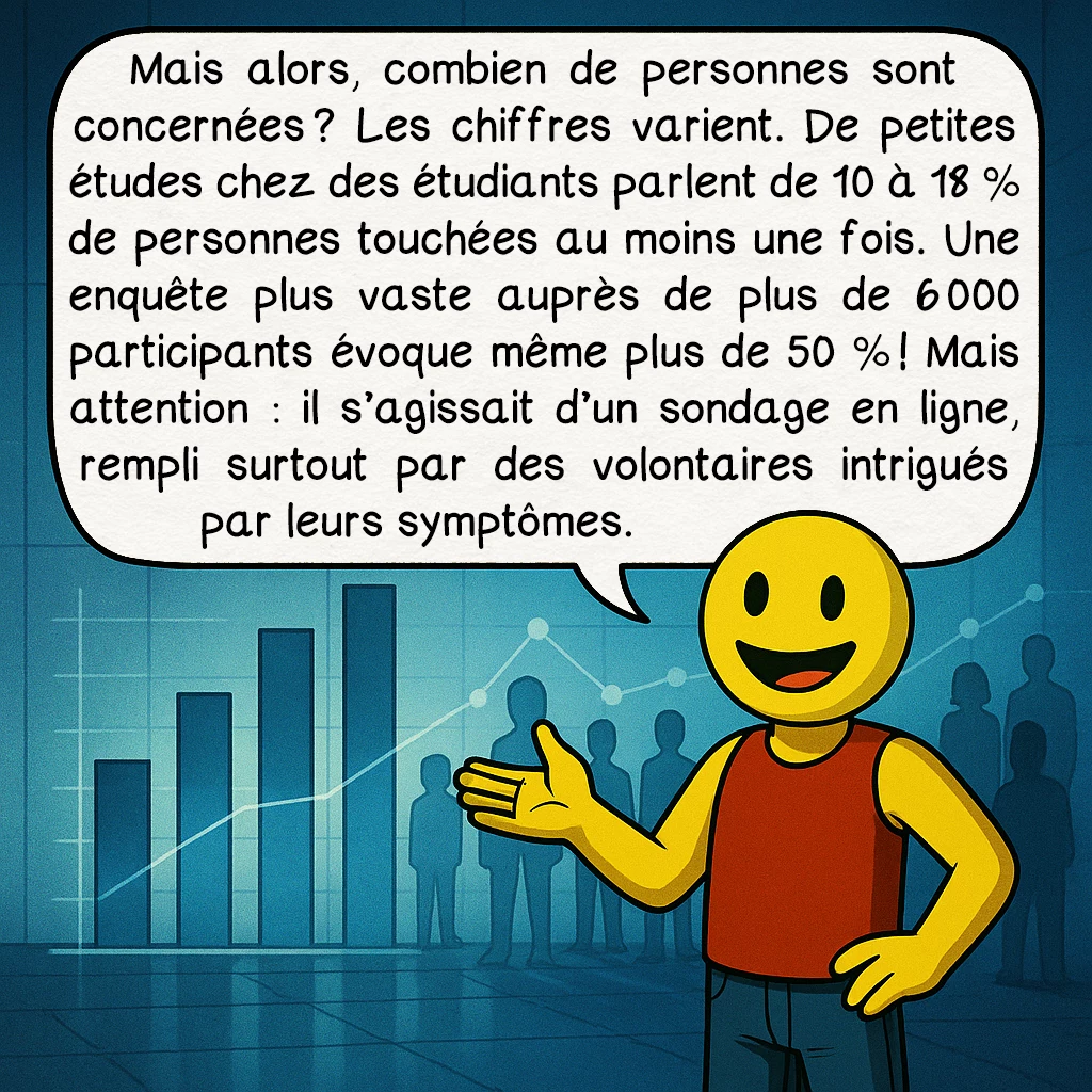 Le syndrome de la tête qui explose, case 6 : Mais alors, combien de personnes sont concernées ? Les chiffres varient. De petites études chez des étudiants parlent de 10 à 18 % de personnes touchées au moins une fois. Une enquête plus vaste auprès de plus de 6 000 participants évoque même plus de 50 % ! Mais attention : il s’agissait d’un sondage en ligne, rempli surtout par des volontaires intrigués par leurs symptômes.