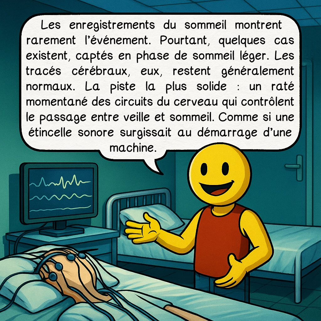 Le syndrome de la tête qui explose, case 7 : Les enregistrements du sommeil montrent rarement l’événement. Pourtant, quelques cas existent, captés en phase de sommeil léger. Les tracés cérébraux, eux, restent généralement normaux. La piste la plus solide : un raté momentané des circuits du cerveau qui contrôlent le passage entre veille et sommeil. Comme si une étincelle sonore surgissait au démarrage d’une machine.