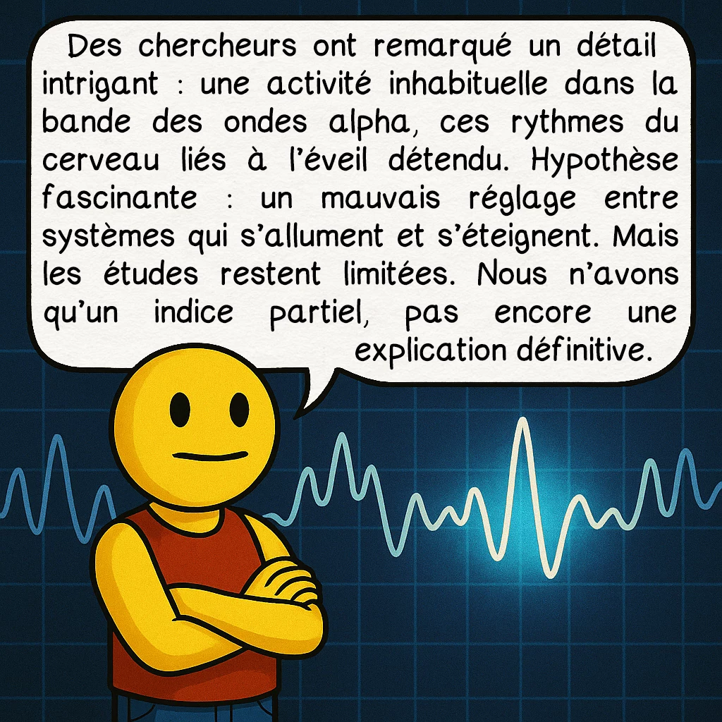 Le syndrome de la tête qui explose, case 8 : Des chercheurs ont remarqué un détail intrigant : une activité inhabituelle dans la bande des ondes alpha, ces rythmes du cerveau liés à l’éveil détendu. Hypothèse fascinante : un mauvais réglage entre systèmes qui s’allument et s’éteignent. Mais les études restent limitées. Nous n’avons qu’un indice partiel, pas encore une explication définitive.