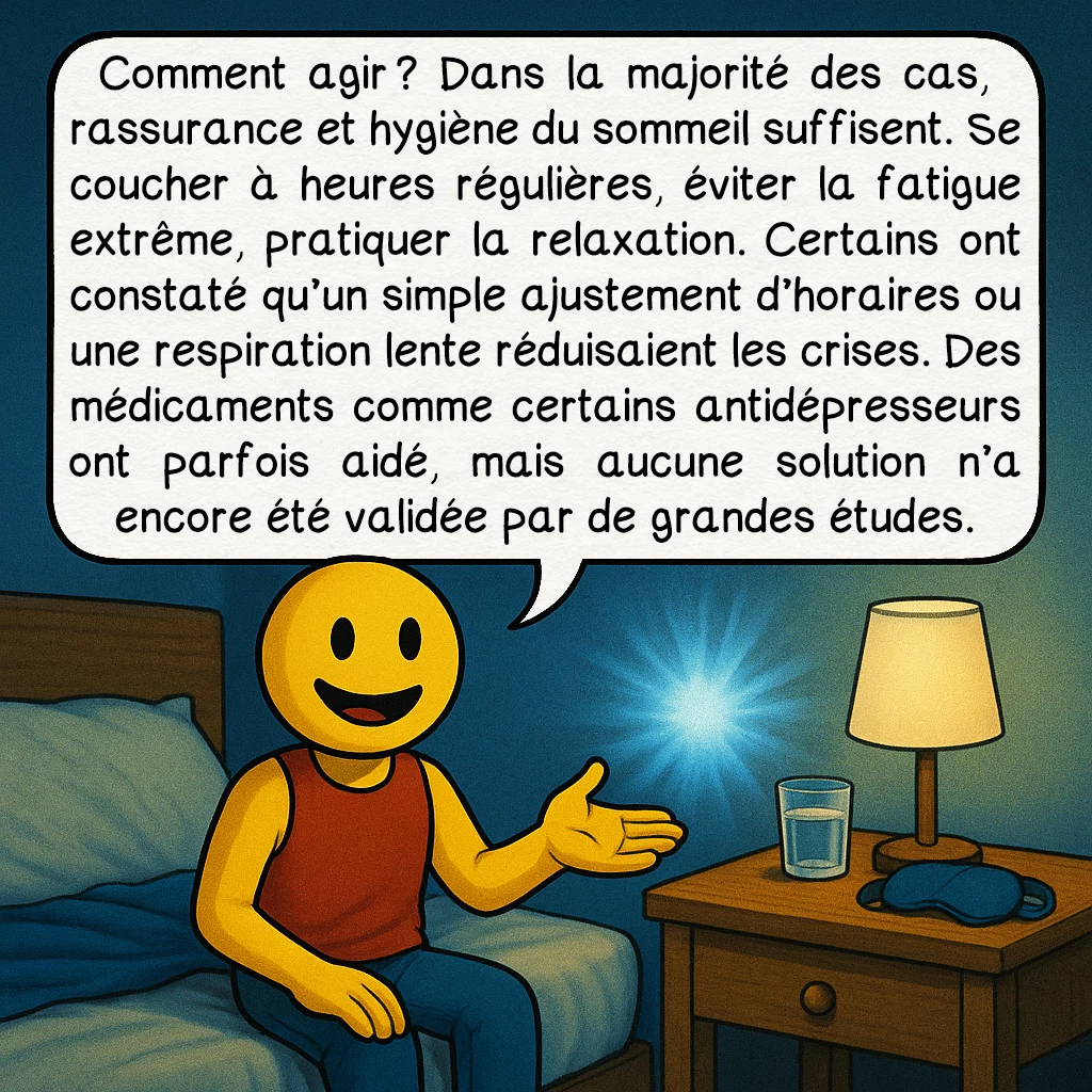 Le syndrome de la tête qui explose, case 9 : Comment agir ? Dans la majorité des cas, rassurance et hygiène du sommeil suffisent. Se coucher à heures régulières, éviter la fatigue extrême, pratiquer la relaxation. Certains ont constaté qu’un simple ajustement d’horaires ou une respiration lente réduisaient les crises. Des médicaments comme certains antidépresseurs ont parfois aidé, mais aucune solution n’a encore été validée par de grandes études.