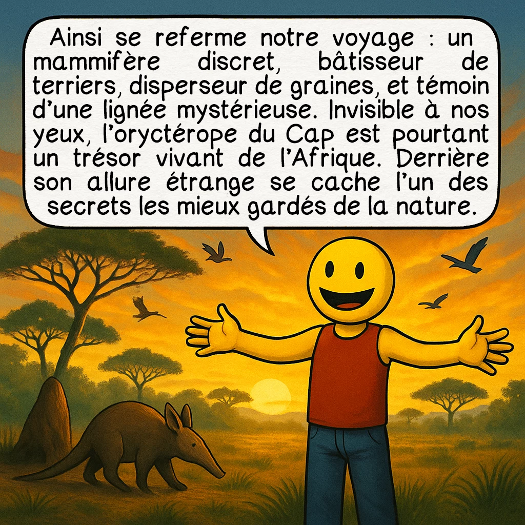 L’oryctérope, case 10 : Ainsi se referme notre voyage : un mammifère discret, bâtisseur de terriers, disperseur de graines, et témoin d’une lignée mystérieuse. Invisible à nos yeux, l’oryctérope du Cap est pourtant un trésor vivant de l’Afrique. Derrière son allure étrange se cache l’un des secrets les mieux gardés de la nature.