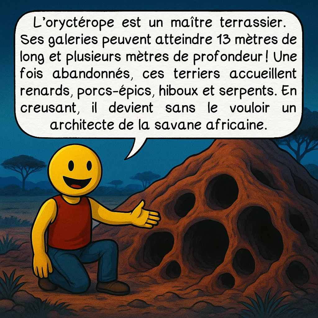 L’oryctérope, case 2 : L’oryctérope est un maître terrassier. Ses galeries peuvent atteindre 13 mètres de long et plusieurs mètres de profondeur ! Une fois abandonnés, ces terriers accueillent renards, porcs-épics, hiboux et serpents. En creusant, il devient sans le vouloir un architecte de la savane africaine.