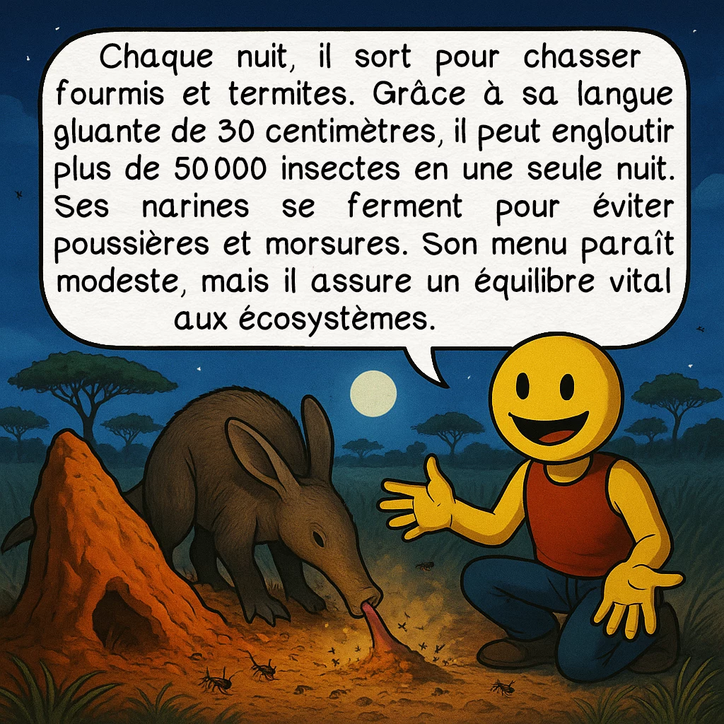 L’oryctérope, case 3 : Chaque nuit, il sort pour chasser fourmis et termites. Grâce à sa langue gluante de 30 centimètres, il peut engloutir plus de 50 000 insectes en une seule nuit. Ses narines se ferment pour éviter poussières et morsures. Son menu paraît modeste, mais il assure un équilibre vital aux écosystèmes.