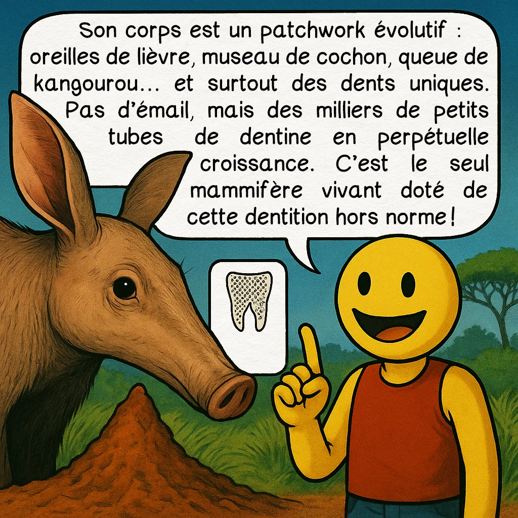 L’oryctérope, case 4 : Son corps est un patchwork évolutif : oreilles de lièvre, museau de cochon, queue de kangourou… et surtout des dents uniques. Pas d’émail, mais des milliers de petits tubes de dentine en perpétuelle croissance. C’est le seul mammifère vivant doté de cette dentition hors norme !