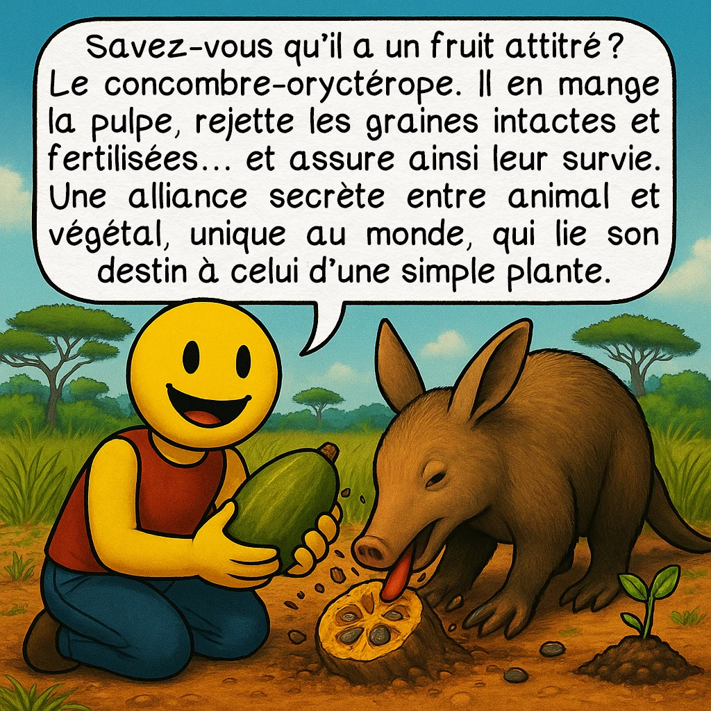 L’oryctérope, case 5 : Savez-vous qu’il a un fruit attitré ? Le concombre-oryctérope. Il en mange la pulpe, rejette les graines intactes et fertilisées… et assure ainsi leur survie. Une alliance secrète entre animal et végétal, unique au monde, qui lie son destin à celui d’une simple plante.