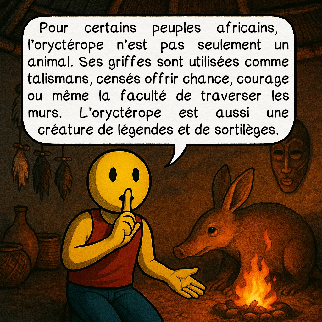 L’oryctérope, case 6 : Pour certains peuples africains, l’oryctérope n’est pas seulement un animal. Ses griffes sont utilisées comme talismans, censés offrir chance, courage ou même la faculté de traverser les murs. L’oryctérope est aussi une créature de légendes et de sortilèges.