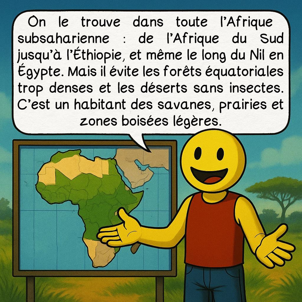 L’oryctérope, case 7 : On le trouve dans toute l’Afrique subsaharienne : de l’Afrique du Sud jusqu’à l’Éthiopie, et même le long du Nil en Égypte. Mais il évite les forêts équatoriales trop denses et les déserts sans insectes. C’est un habitant des savanes, prairies et zones boisées légères.